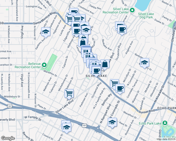 map of restaurants, bars, coffee shops, grocery stores, and more near 961 North Vendome Street in Los Angeles