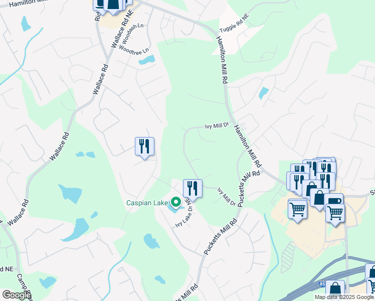 map of restaurants, bars, coffee shops, grocery stores, and more near 2895 Ivy Mill Drive in Buford