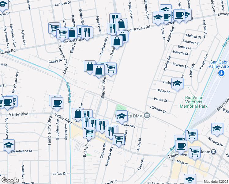 map of restaurants, bars, coffee shops, grocery stores, and more near 4300 Shirley Avenue in El Monte