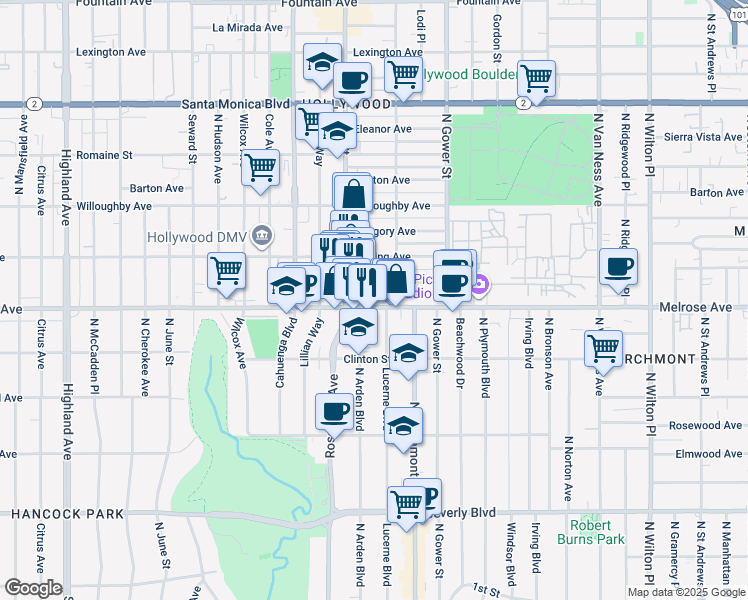 map of restaurants, bars, coffee shops, grocery stores, and more near 5725 Melrose Avenue in Los Angeles