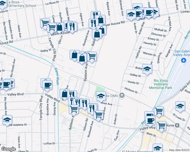 map of restaurants, bars, coffee shops, grocery stores, and more near 4300 Shirley Avenue in El Monte