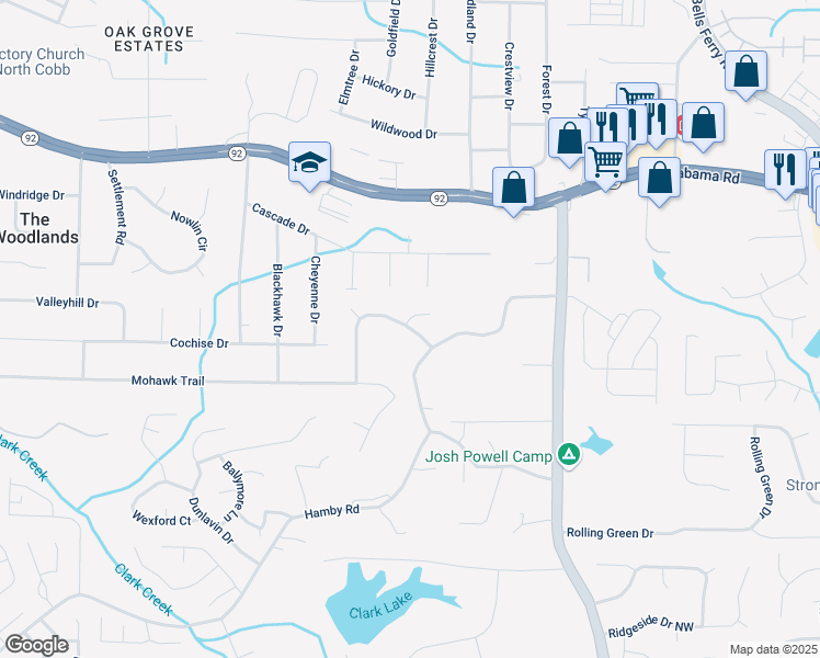 map of restaurants, bars, coffee shops, grocery stores, and more near Shadowbrook Drive in Cherokee County