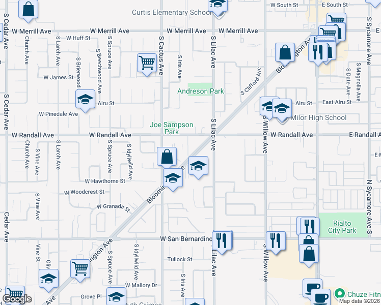 map of restaurants, bars, coffee shops, grocery stores, and more near 545 West Randall Avenue in Rialto