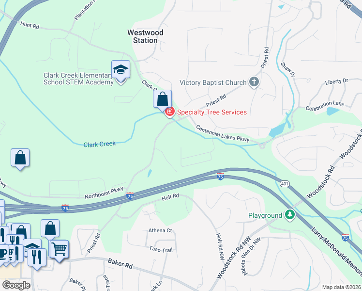 map of restaurants, bars, coffee shops, grocery stores, and more near 140 Centennial Creek Place Northwest in Acworth