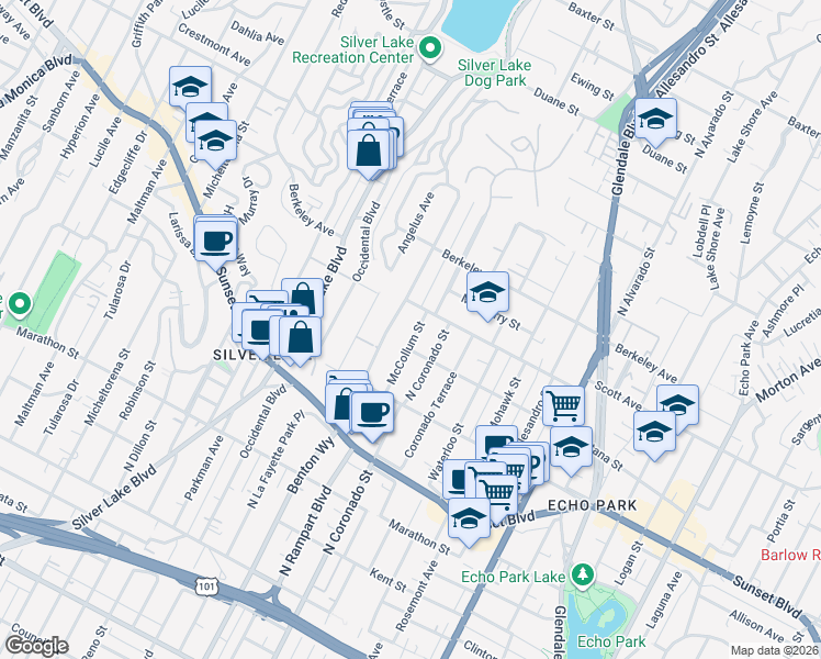 map of restaurants, bars, coffee shops, grocery stores, and more near 1423 McCollum Street in Los Angeles