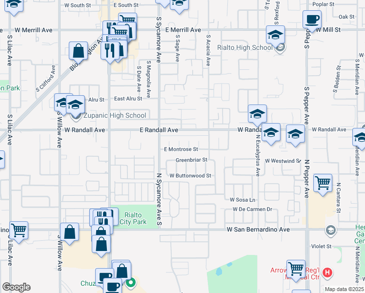 map of restaurants, bars, coffee shops, grocery stores, and more near 92376 South Sage Avenue in Rialto