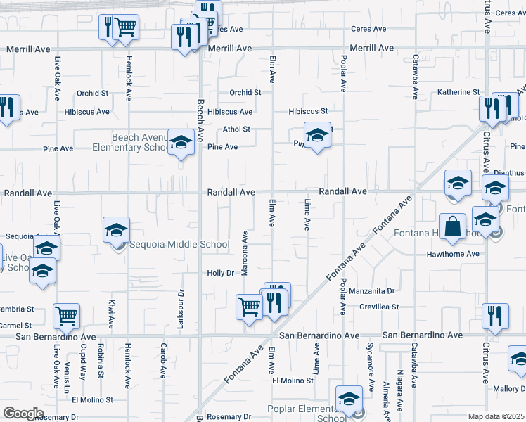 map of restaurants, bars, coffee shops, grocery stores, and more near 15082 Valley Boulevard in Fontana