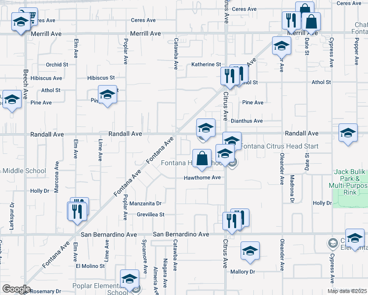 map of restaurants, bars, coffee shops, grocery stores, and more near 15957 Randall Avenue in Fontana