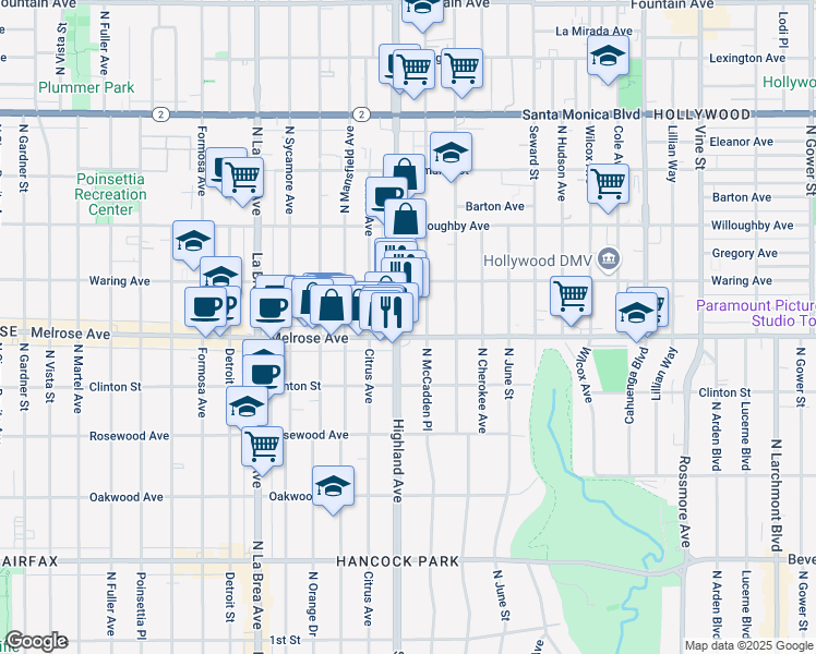 map of restaurants, bars, coffee shops, grocery stores, and more near 732 North Highland Avenue in Los Angeles