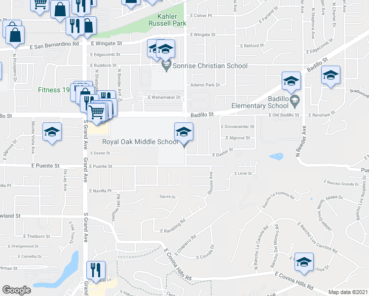 map of restaurants, bars, coffee shops, grocery stores, and more near 303 Glendora Avenue in Covina