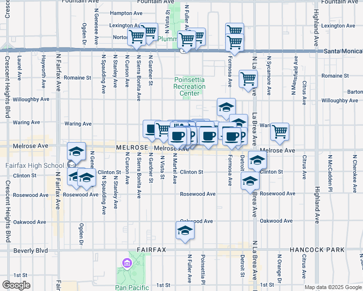map of restaurants, bars, coffee shops, grocery stores, and more near 7371 Melrose Avenue in Los Angeles