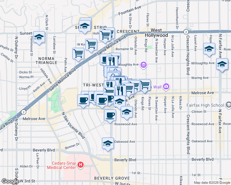 map of restaurants, bars, coffee shops, grocery stores, and more near 725 North Alfred Street in Los Angeles