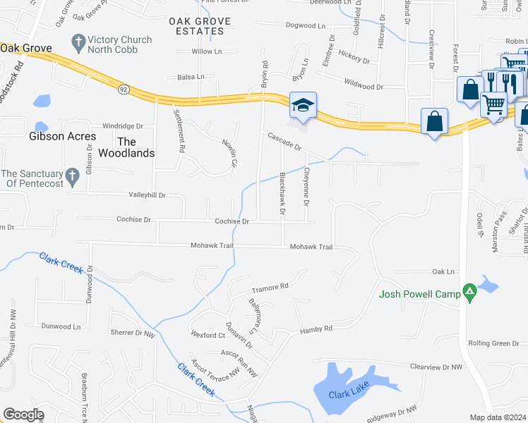 map of restaurants, bars, coffee shops, grocery stores, and more near 5436 Seminole Way in Acworth