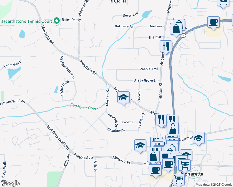 map of restaurants, bars, coffee shops, grocery stores, and more near 250 Mayfield Road in Alpharetta