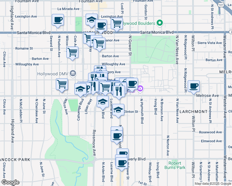 map of restaurants, bars, coffee shops, grocery stores, and more near 710 North El Centro Avenue in Los Angeles