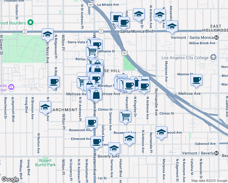 map of restaurants, bars, coffee shops, grocery stores, and more near 4867 Melrose Avenue in Los Angeles