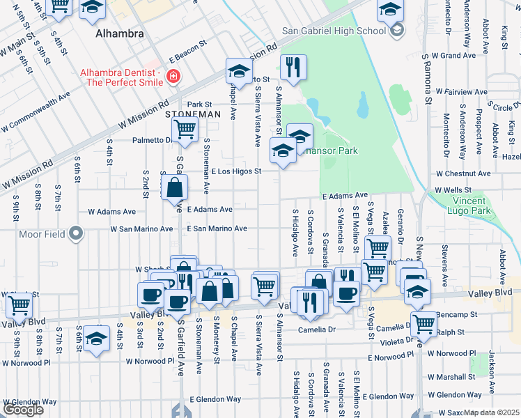map of restaurants, bars, coffee shops, grocery stores, and more near in Alhambra