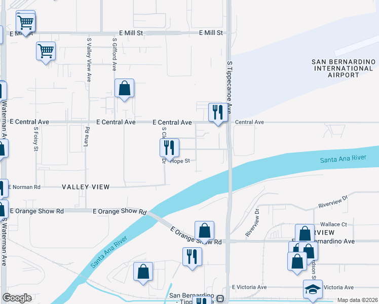 map of restaurants, bars, coffee shops, grocery stores, and more near 895 South Sunnyside Avenue in San Bernardino