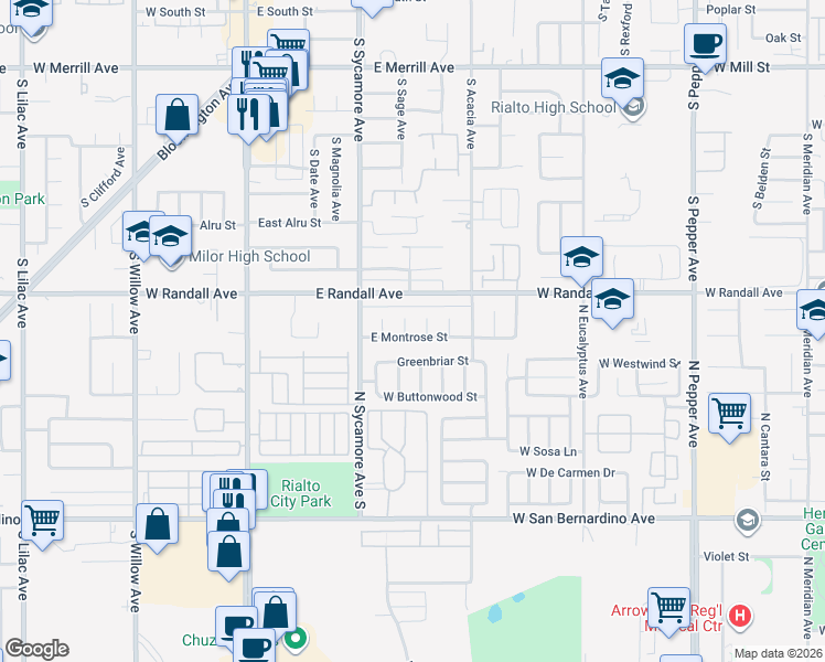map of restaurants, bars, coffee shops, grocery stores, and more near 92376 South Sage Avenue in Rialto