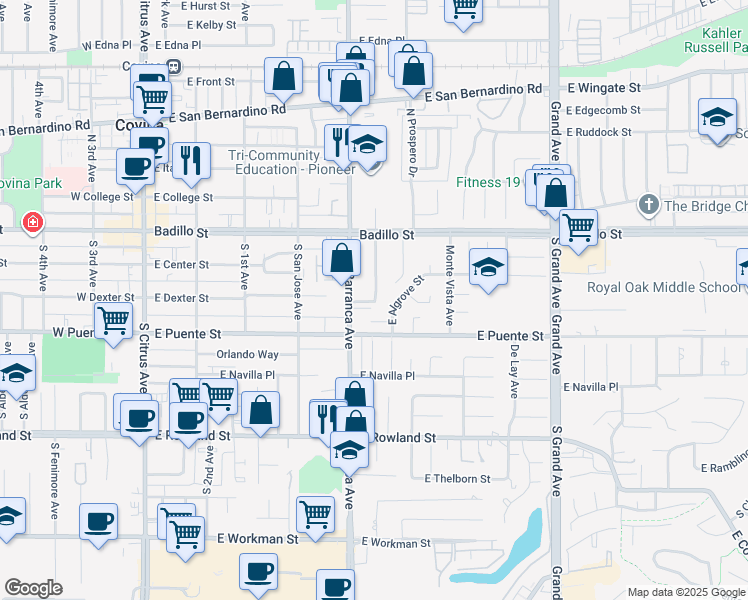 map of restaurants, bars, coffee shops, grocery stores, and more near 225 South Kendall Way in Covina