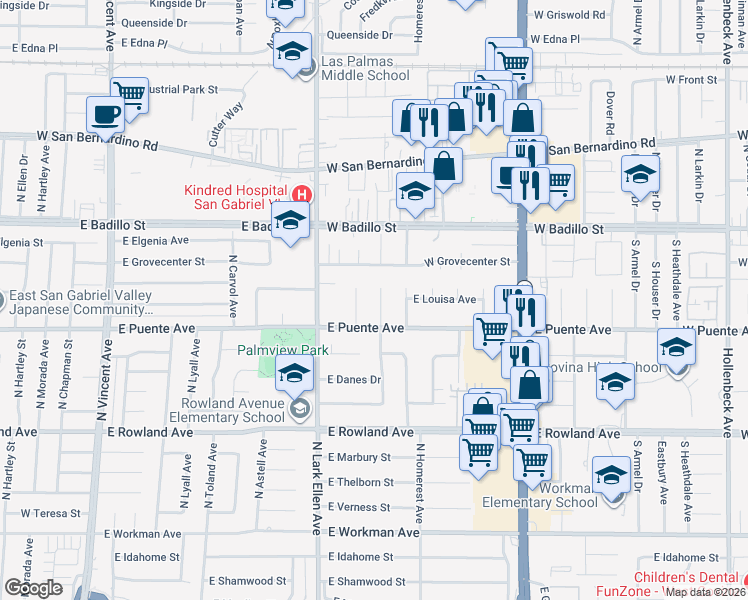 map of restaurants, bars, coffee shops, grocery stores, and more near 725 North Butterfield Road in West Covina