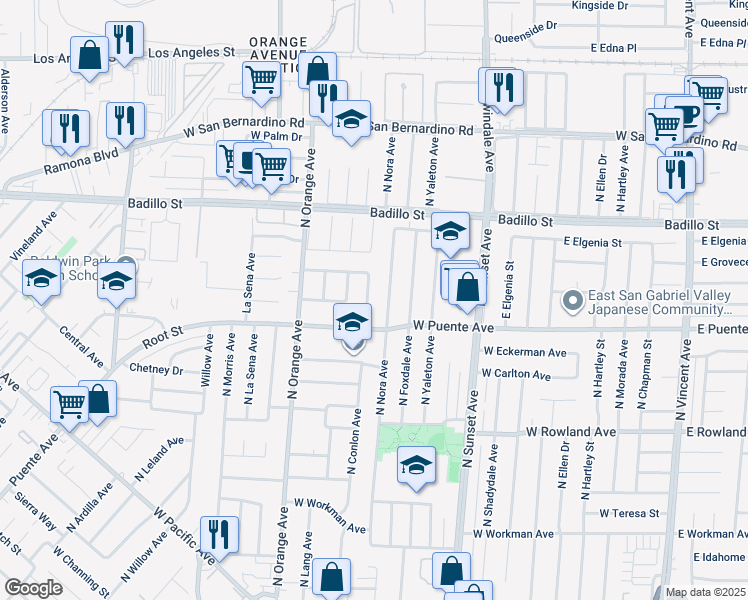 map of restaurants, bars, coffee shops, grocery stores, and more near 746 North Conlon Avenue in West Covina