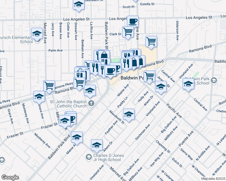 map of restaurants, bars, coffee shops, grocery stores, and more near 14200 Ramona Boulevard in Baldwin Park