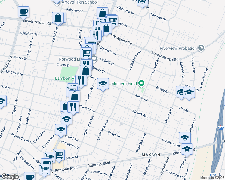 map of restaurants, bars, coffee shops, grocery stores, and more near 11708 Killian Street in El Monte