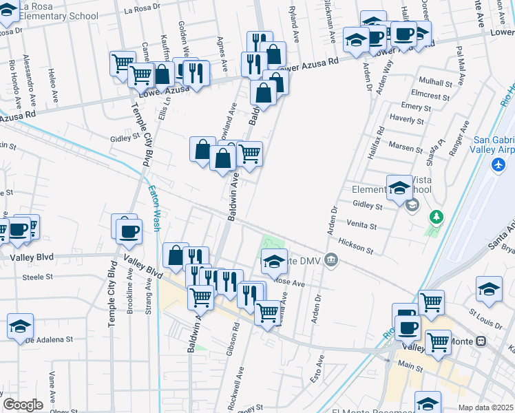 map of restaurants, bars, coffee shops, grocery stores, and more near 4203 Shirley Avenue in El Monte