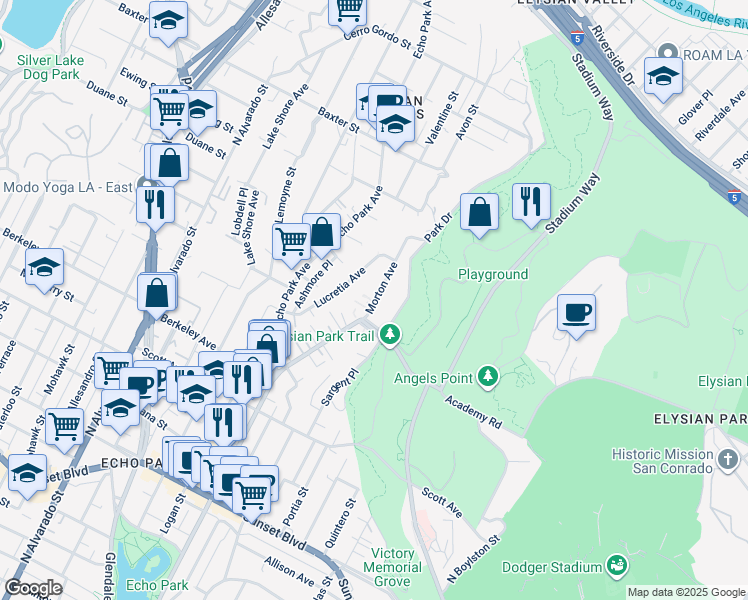 map of restaurants, bars, coffee shops, grocery stores, and more near 1850 Lucretia Avenue in Los Angeles