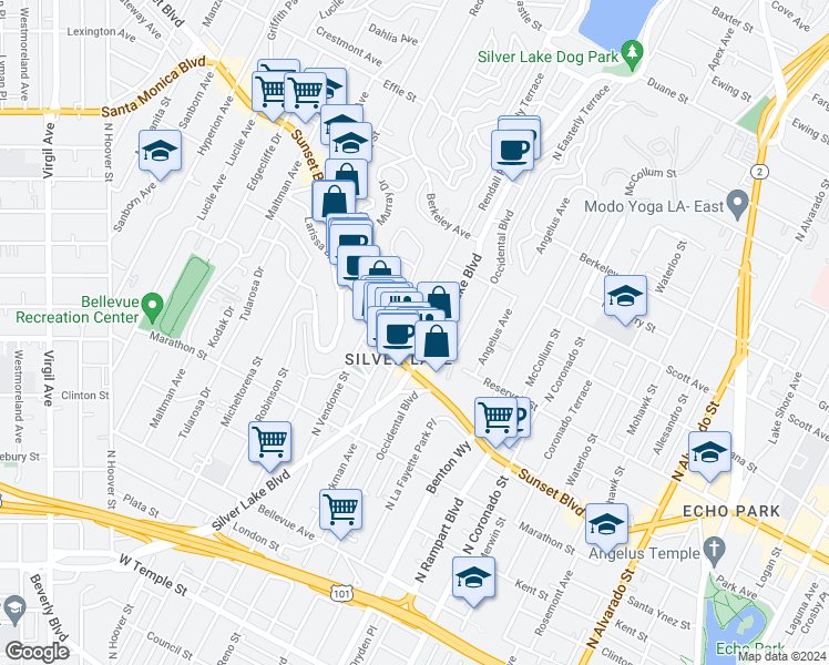 map of restaurants, bars, coffee shops, grocery stores, and more near 1335 Silver Lake Boulevard in Los Angeles