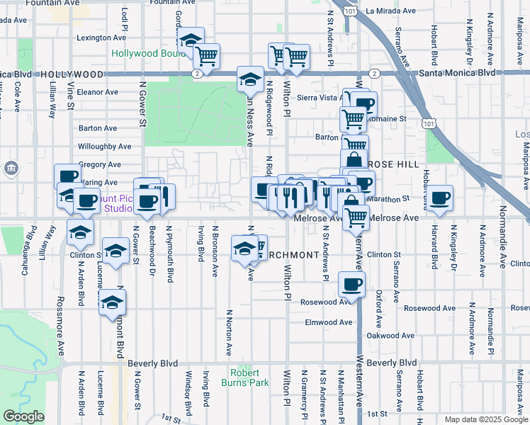 map of restaurants, bars, coffee shops, grocery stores, and more near 732 North Van Ness Avenue in Los Angeles