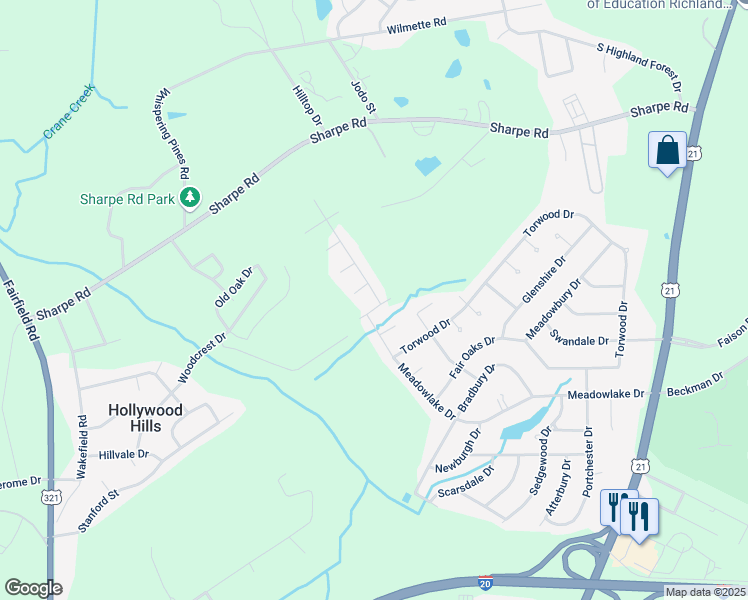 map of restaurants, bars, coffee shops, grocery stores, and more near 613 Meadowlake Drive in Columbia
