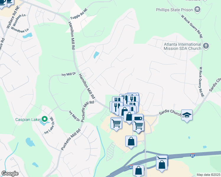 map of restaurants, bars, coffee shops, grocery stores, and more near 2608 Cascade Cove Drive in Buford
