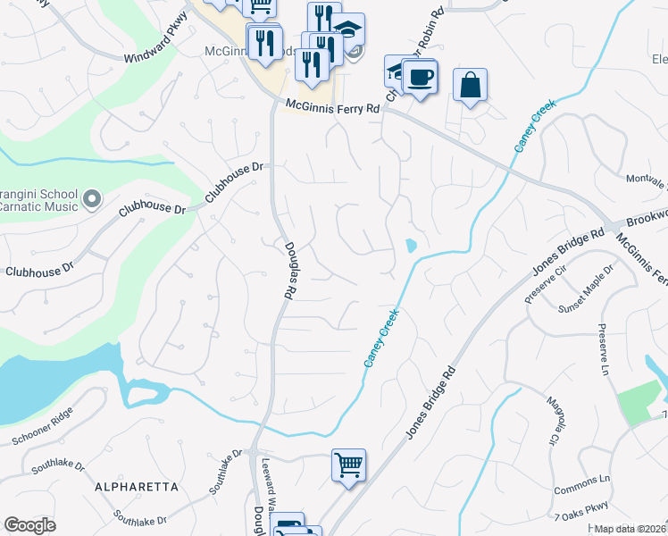 map of restaurants, bars, coffee shops, grocery stores, and more near 12505 Huntington Trace in Alpharetta