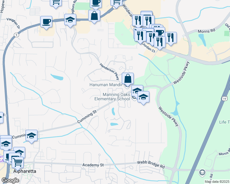map of restaurants, bars, coffee shops, grocery stores, and more near 1716 Cotton Patch Lane in Alpharetta