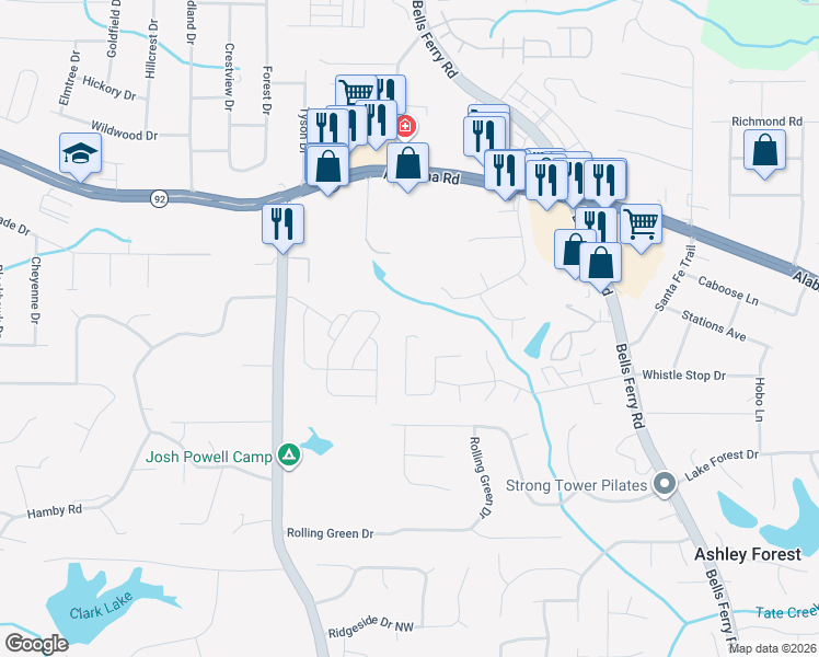 map of restaurants, bars, coffee shops, grocery stores, and more near 5381 Cross Creek Cove in Acworth