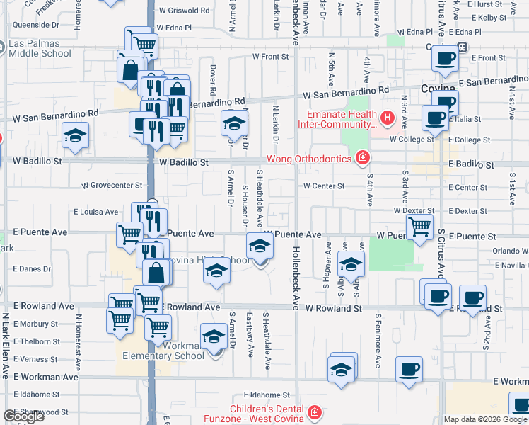 map of restaurants, bars, coffee shops, grocery stores, and more near in Covina