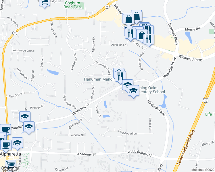 map of restaurants, bars, coffee shops, grocery stores, and more near 1529 Planters Ridge Lane in Alpharetta