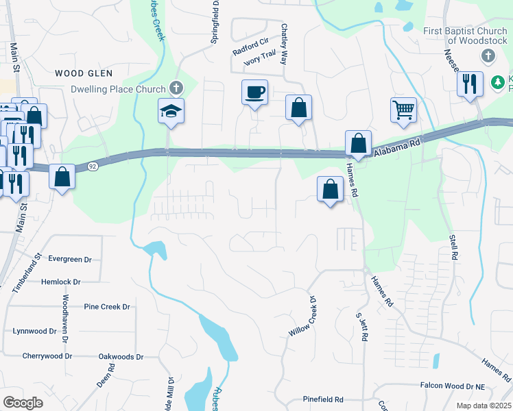 map of restaurants, bars, coffee shops, grocery stores, and more near 1307 Yorkshire Lane in Woodstock