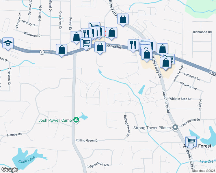 map of restaurants, bars, coffee shops, grocery stores, and more near 5381 Cross Creek Cove in Acworth