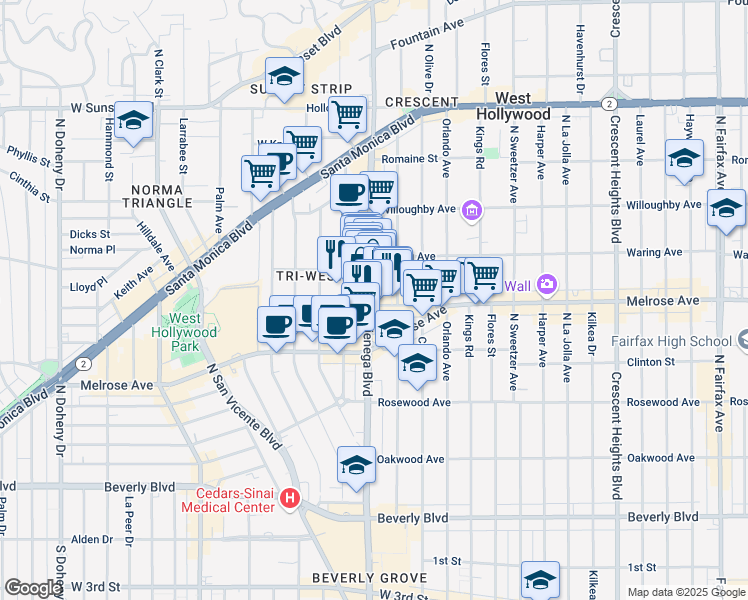map of restaurants, bars, coffee shops, grocery stores, and more near 8510 Sherwood Drive in Los Angeles