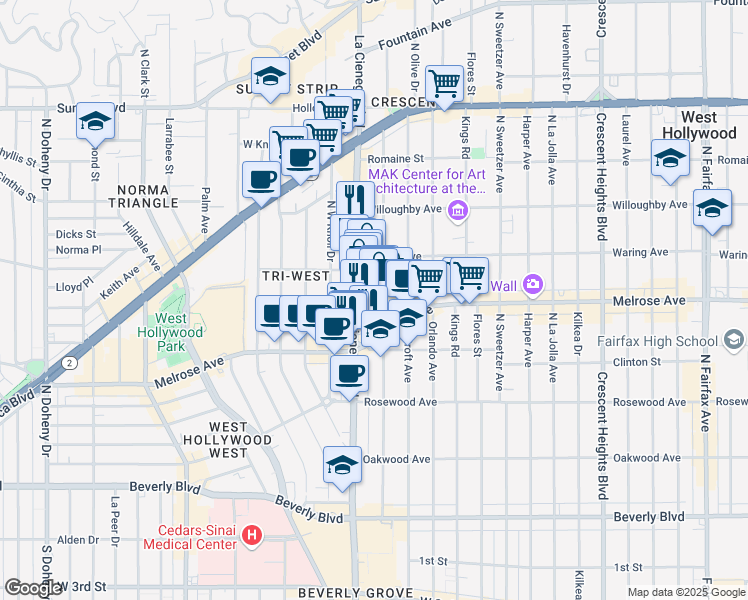 map of restaurants, bars, coffee shops, grocery stores, and more near 725 North Alfred Street in Los Angeles