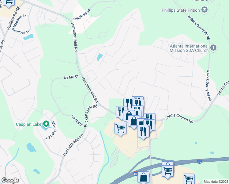 map of restaurants, bars, coffee shops, grocery stores, and more near 2608 Cascade Cove Drive in Buford