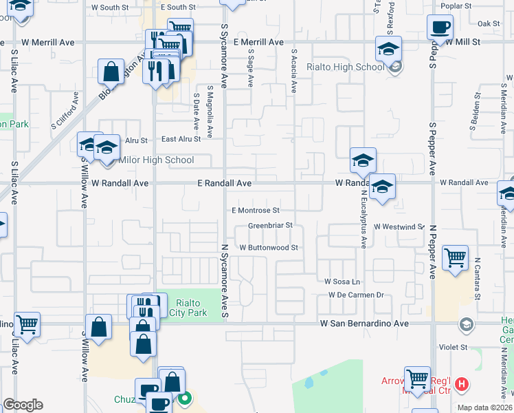map of restaurants, bars, coffee shops, grocery stores, and more near 92376 South Sage Avenue in Rialto