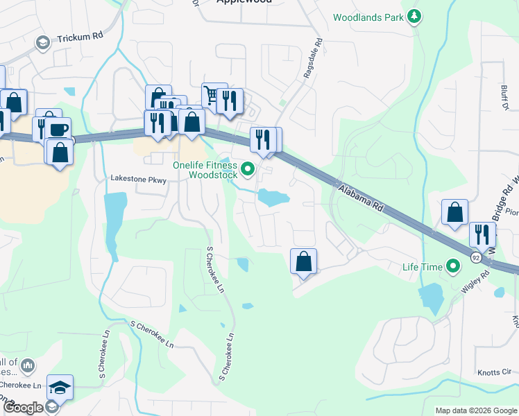 map of restaurants, bars, coffee shops, grocery stores, and more near 203 Claremore Drive in Woodstock