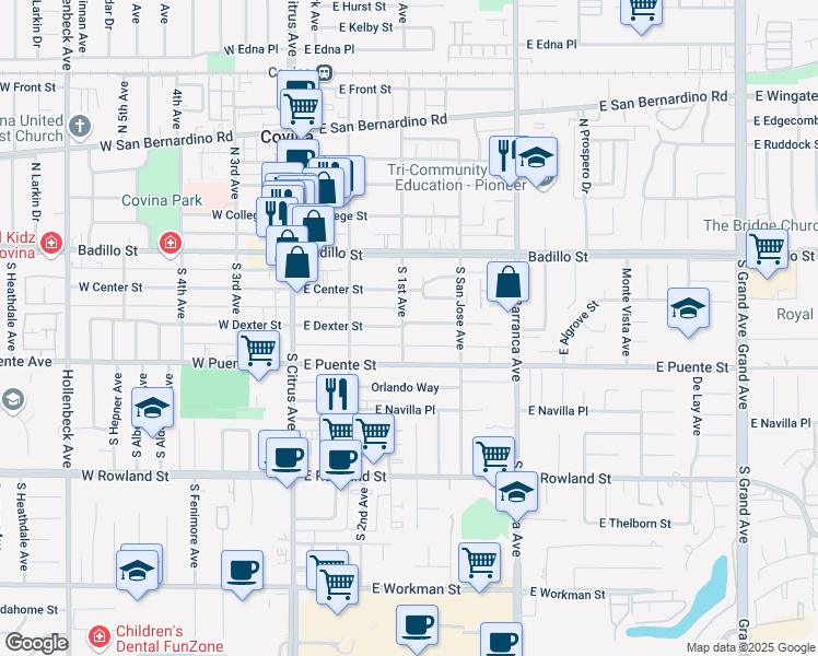 map of restaurants, bars, coffee shops, grocery stores, and more near 300 South 1st Avenue in Covina