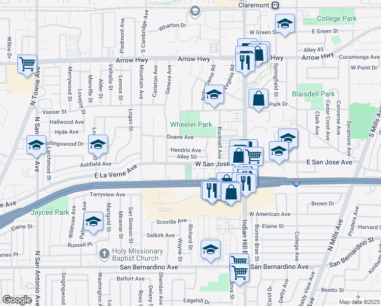 map of restaurants, bars, coffee shops, grocery stores, and more near 624 Hendrix Avenue in Claremont