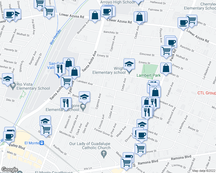 map of restaurants, bars, coffee shops, grocery stores, and more near 11225 Lambert Avenue in El Monte