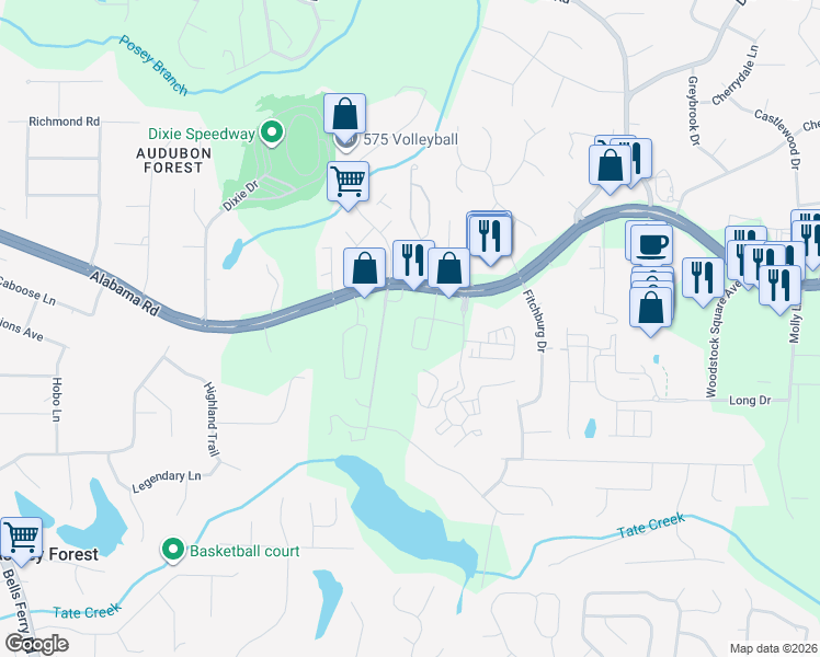 map of restaurants, bars, coffee shops, grocery stores, and more near 8885 Highway 92 in Woodstock